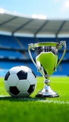 Generative AI Showcasing the Glory of Victory Awaits in the Soccer Field With a Gleaming Trophy