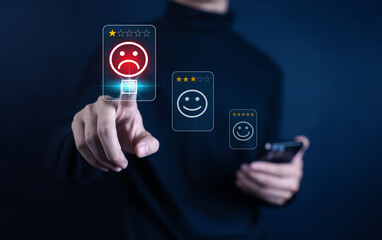 Dissatisfied Icon, 1 Star Review Score, Complaint, Bad, Negative, Feedback, Rate, Online, Customer Complaint, and Negative Customer Experience in Service. 