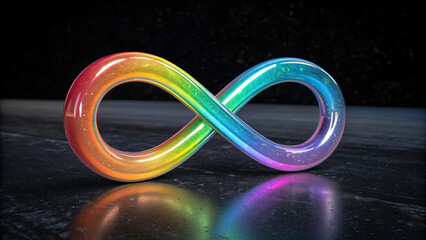 Vibrant iridescent infinity loop sculpture showcases blend of rainbow colors, reflecting light beautifully against dark background, evoking sense of endless possibilities and creativity