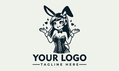 Playful anime girl bunny mascot logo design, dark monochrome style, hearts, magic.