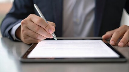 A business professional signing documents on a tablet, showcasing modern technology in a corporate setting.