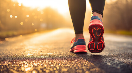 A person walking on a wet road with athletic shoes at golden hour sunlight