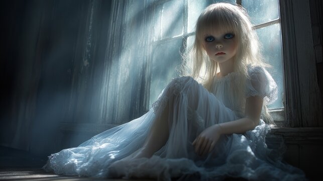 A porcelain doll in a flowing white gown sits resignedly by an old window, bathed in soft, enchanting light