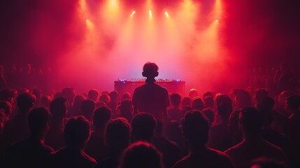 A DJ commands the stage as vibrant lights and an enthusiastic crowd create an electrifying atmosphere