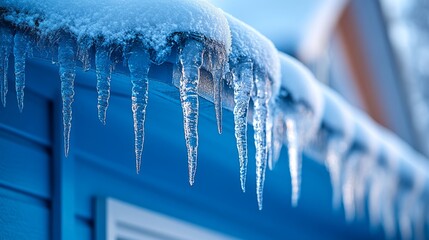 Glistening icicles hang from a snow-covered rooftop, reflecting the morning sunlight in a serene winter landscape