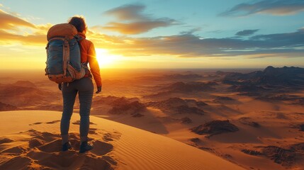 A traveler admires a sunset over distant mountains, casting a warm glow on golden sands