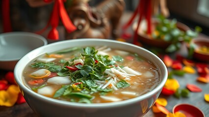 Vietnam National Day flag on silk cushion with bamboo leaves and lanterns