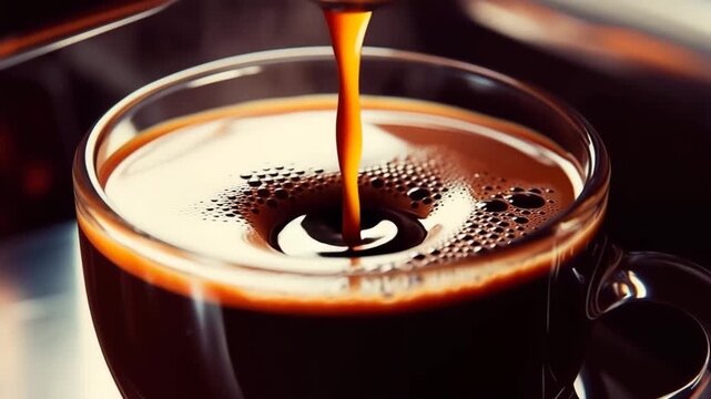 Coffee pouring into small cup, professional coffee machine brewing espresso, slow motion