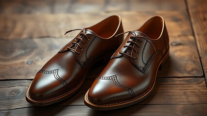 Handcrafted leather shoes showcased on a wooden surface with detailed textures.