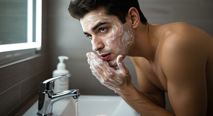 Young Man Washing Face in Bathroom Mirror with Soap Lather Bright Modern Setting