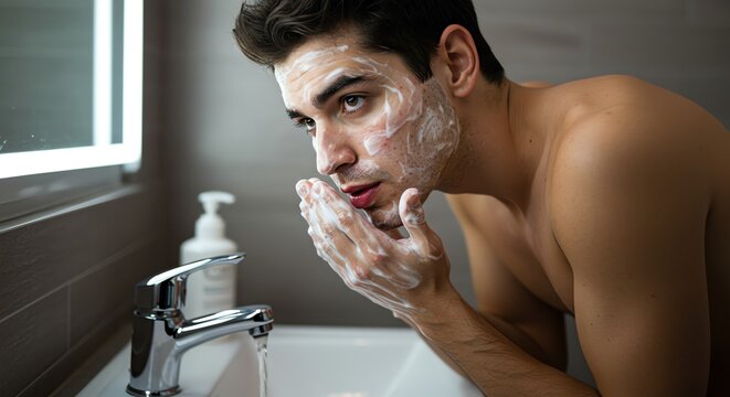 Young Man Washing Face in Bathroom Mirror with Soap Lather Bright Modern Setting - Powered by Adobe