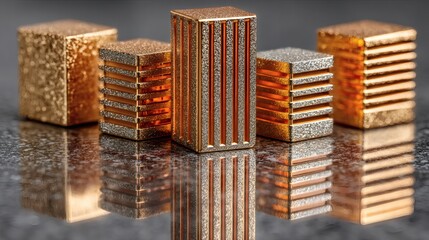 Elegant Gold and Silver Metallic Bars with Glittering Finishes on Reflective Surface