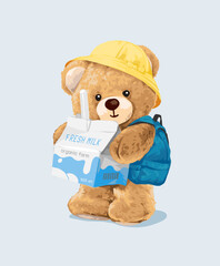 bear doll holding milk box vector illustration