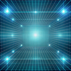 A glowing blue grid forms a futuristic tunnel with bright lights, suggesting digital space and technology