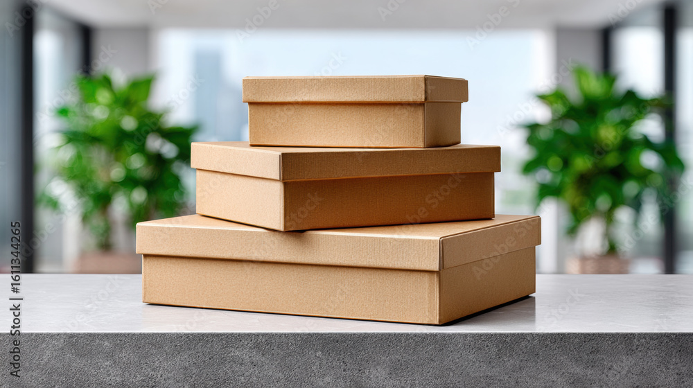 Poster modern stack of flat boxes arranged neatly on countertop, surrounded by greenery in bright, contempo
