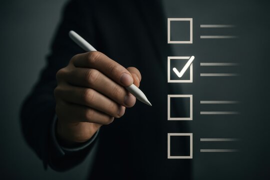 Person s hand using stylus to mark a checkbox on a digital checklist