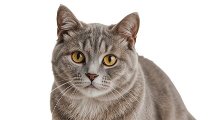 adorable Cute British shorthair cat with distinctive short dense coat and broad face looking directly at camera with bright curious eyes isolated on a transparent background PNG cut out