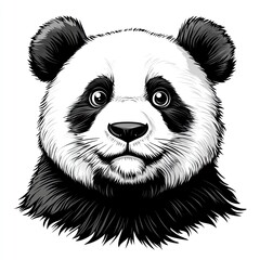 Panda head illustration featuring a detailed black and white design with expressive features and a friendly demeanor