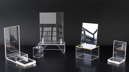 Clear acrylic stands with varying sizes and angles allow for creative displays of products or artwork, elevating visual