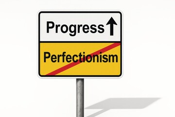 Progress signpost: arrow points forward over crossed out perfectionism