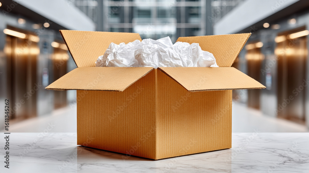 Poster large cardboard box sits open on marble surface, filled with crumpled packing paper. background feat