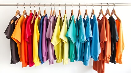Colorful clothing arranged in a rainbow gradient on hangers, displaying vibrant fashion choices.