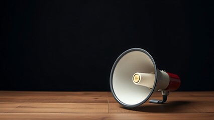 Megaphone on wooden surface symbolizing communication in a dark setting.