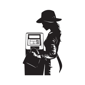 recommend clip art: Woman at ATM silhouette, Woman at ATM vector illustration, Woman in a stylish silhouette uses an automated teller machine for a financial transaction