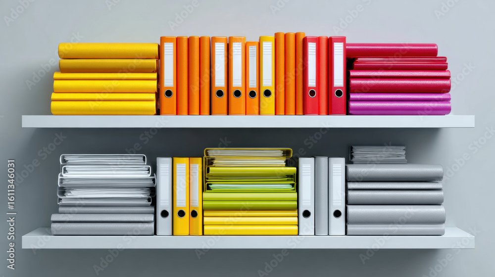 Poster colorful binders and folders neatly arranged on shelf create organized and vibrant workspace. variet