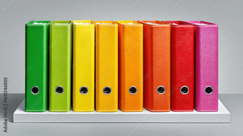 Poster colorful binders arranged neatly on shelf create vibrant and organized workspace. these binders, in 