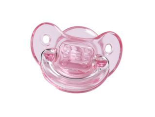 : Orthodontic pacifier isolated on white. Pink baby pacifier isolated on white background