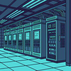 Retro Futuristic Server Room in Teal and Cyan