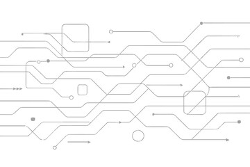 Futuristic circuit board network connections, abstract thin line technology pathways, minimal digital data flow arrows background, high-tech schematic wiring pattern vector illustration