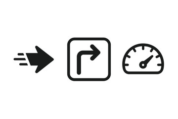 Fast acceleration arrow, right turn navigation sign, speedometer gauge vector icon set. Speed, direction, driving performance symbols for automotive app UI, infographic design