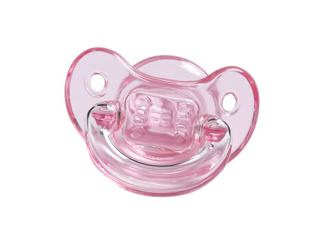 : Orthodontic pacifier isolated on white. Pink baby pacifier isolated on white background