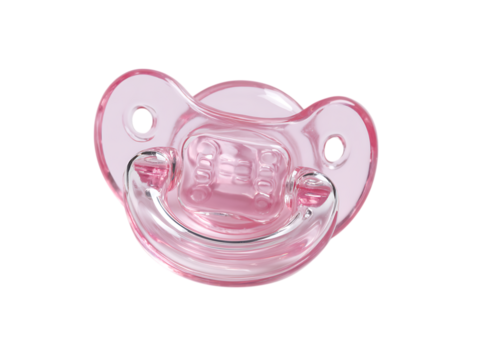: Orthodontic pacifier isolated on white. Pink baby pacifier isolated on white background
