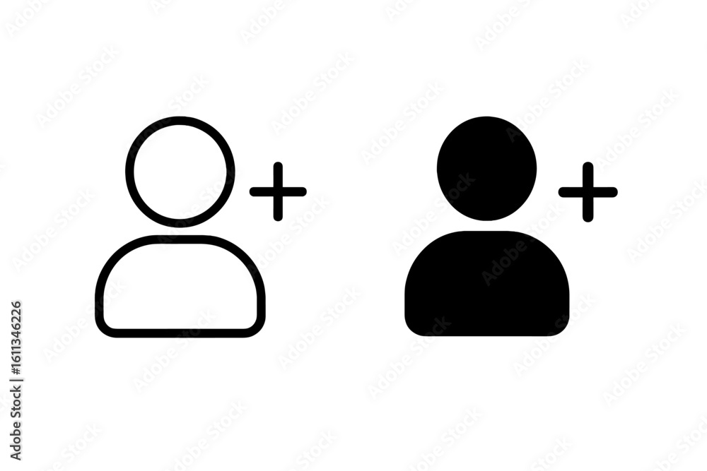 Poster add user or friend plus icon set in outline and solid style, flat vector sign of inviting new person