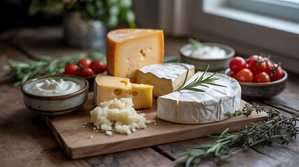 Rustic cheese board with brie gouda and cherry tomatoes on wooden table cheddar dairy