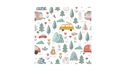 Whimsical camping adventure pattern with cute animals, campervans, trees, and mountains, perfect for children's designs and travel themes