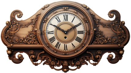 Ornate wooden clock with roman numerals and decorative carvings visible front