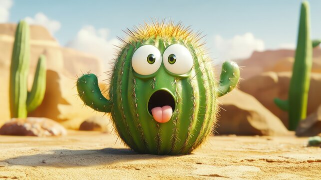 Cute cartoon cactus with wide eyes and tongue out, in a bright desert setting.


