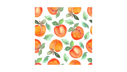 Vibrant watercolor peaches and leaves pattern perfect for summer designs, evoking freshness and natural beauty with a bright, cheerful vibe