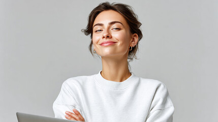 Fototapeta premium Relaxed indoor scene with woman smiling proudly, showcasing confidence and comfort while holding laptop. atmosphere is warm and inviting, perfect for productivity