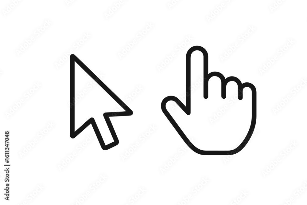 Poster mouse cursor icons set, minimalist outline arrow click pointer and hand index cursor symbols, black 