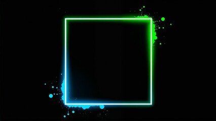 Minimalist abstract digital artwork featuring a glowing square frame with purple and yellow neon lights on a black background, surrounded by floating paint splashes.