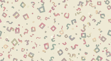 Abstract pastel pattern with geometric shapes and wavy lines on a beige background.