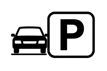Parking place icon with car silhouette and bold letter P sign, black glyph pictogram for traffic sign, automotive vehicle park lot direction symbol, transport vector illustration