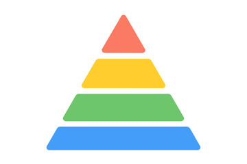 Layered triangular pyramid infographic with four colorful levels, red orange yellow green blue, business hierarchy chart, Maslow concept, blank template, vector icon isolated
