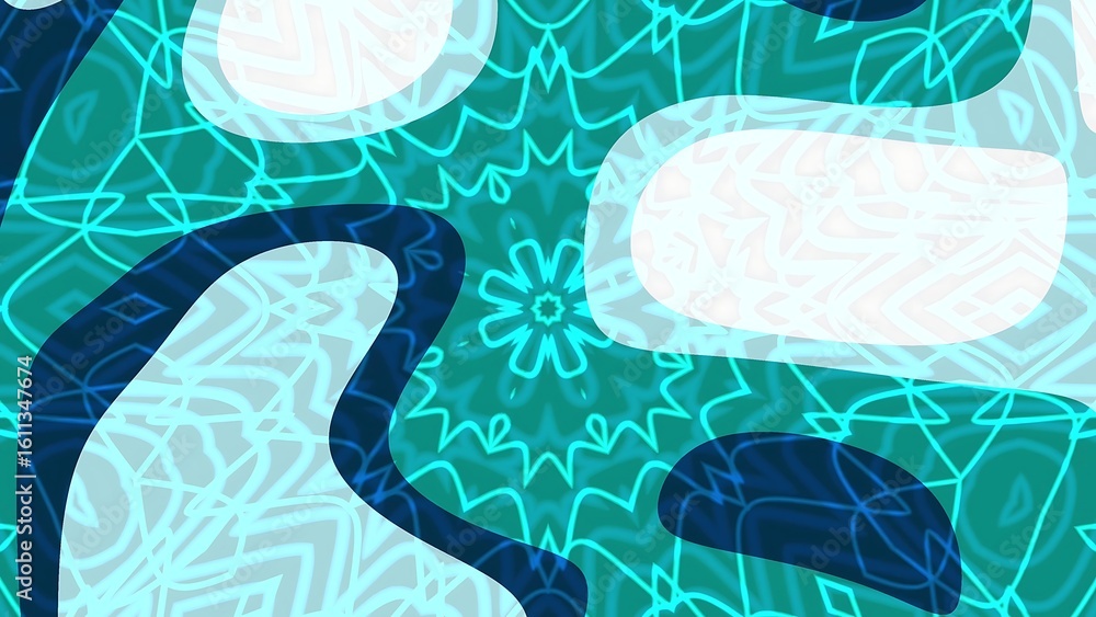 Poster desertcore sophisticated teal accent kaleidoscopic teal and white abstract design with flowing organ