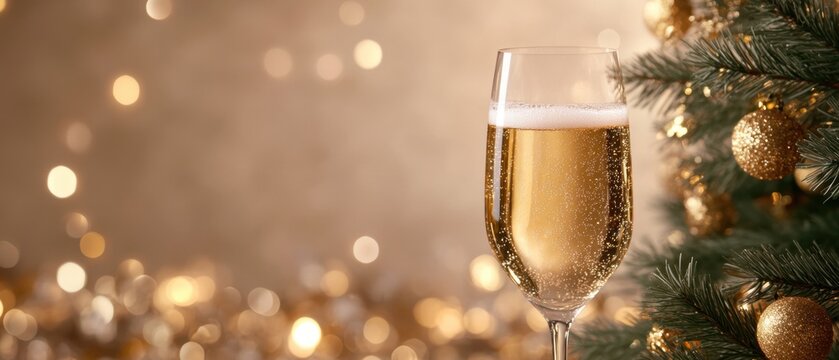Festive champagne glass by decorated christmas tree with golden ornaments - Powered by Adobe